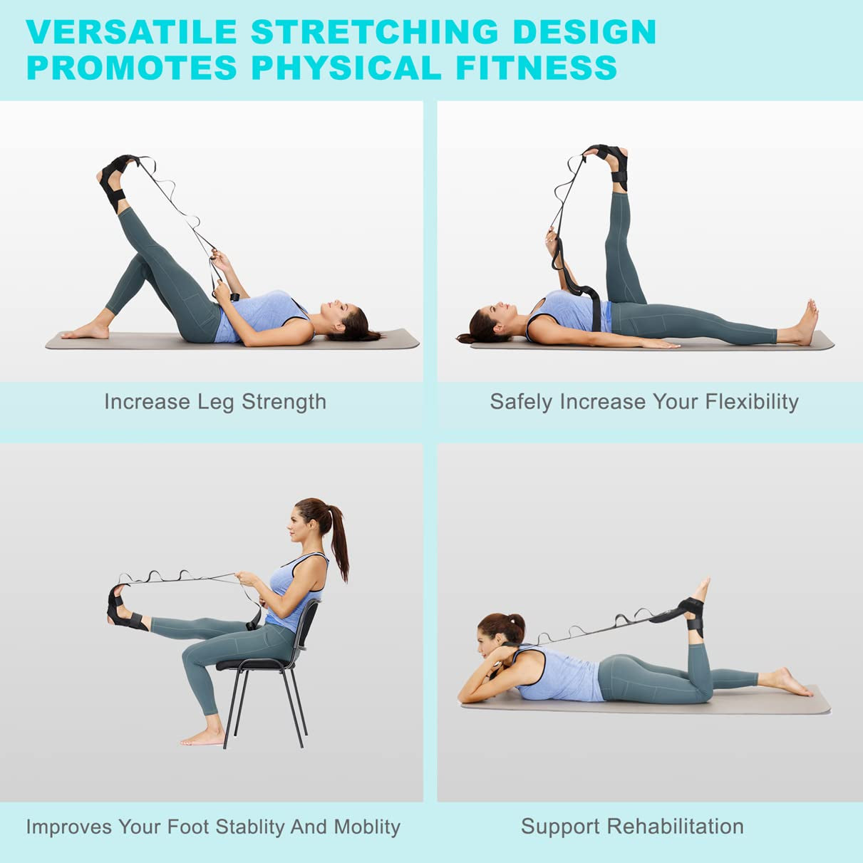 Professional Foot and Calf Stretcher - Strap for Plantar Fasciitis, Heel Spurs, Foot Drop, Achilles Tendonitis & Hamstring. Yoga Foot & Leg Stretch Strap - Black