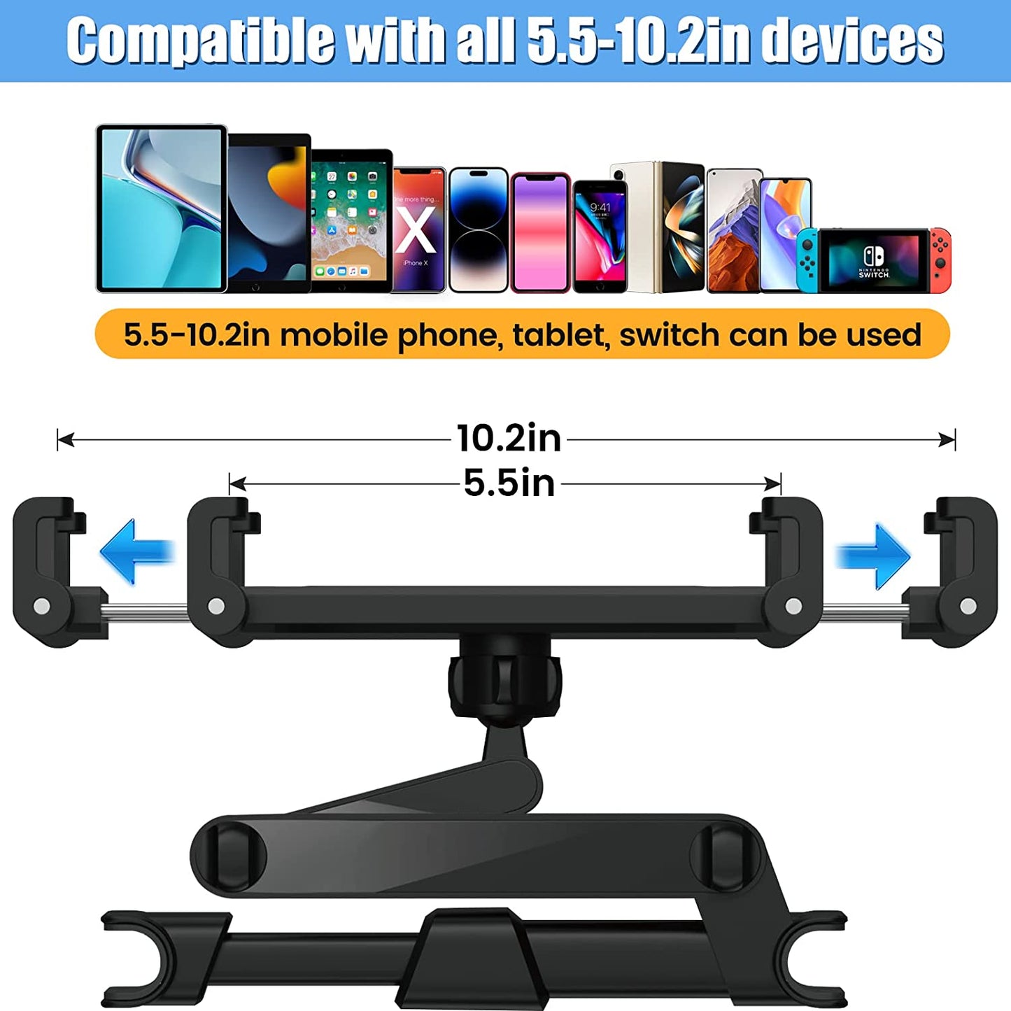 Car Tablet Holder - Universal Back Seat Mount for 5.5-11 Inch Screens - 360° Rotating Headrest Tablet Holder - Road Trip Essentials for Kids - Black