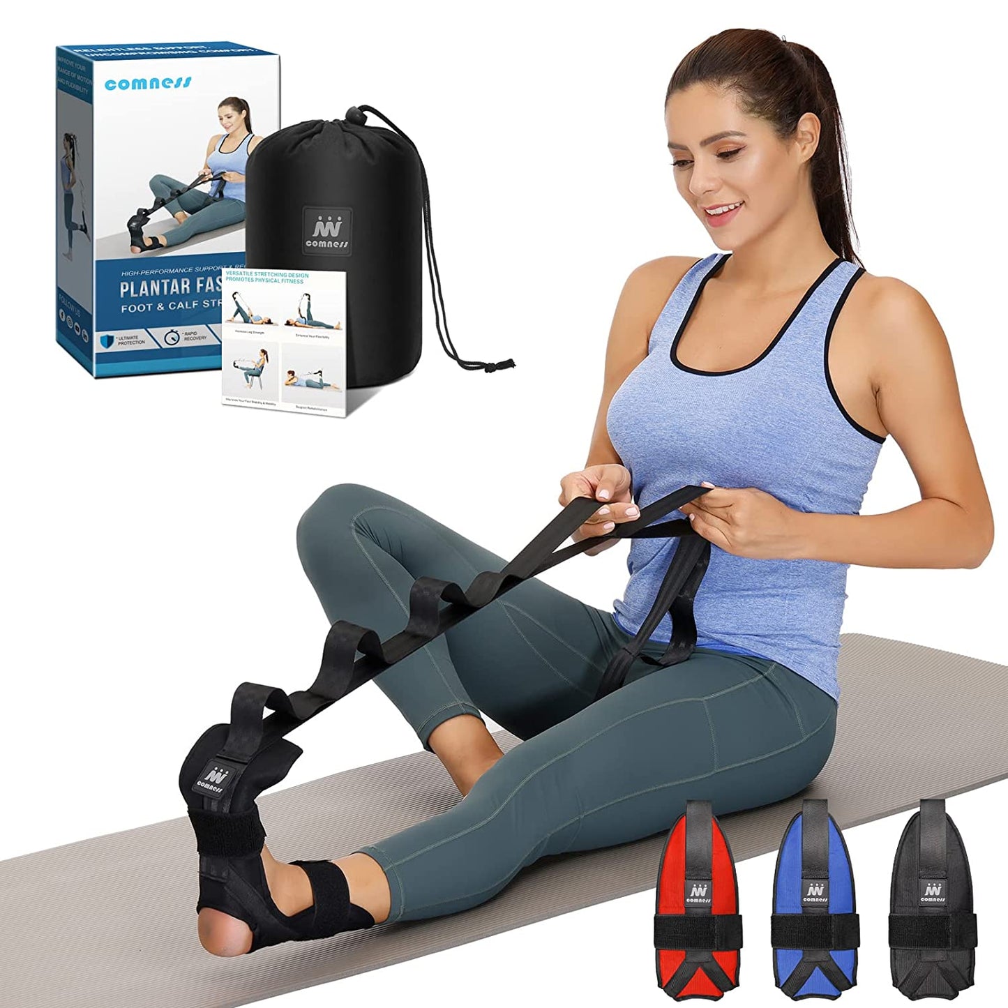 Professional Foot and Calf Stretcher - Strap for Plantar Fasciitis, Heel Spurs, Foot Drop, Achilles Tendonitis & Hamstring. Yoga Foot & Leg Stretch Strap - Black