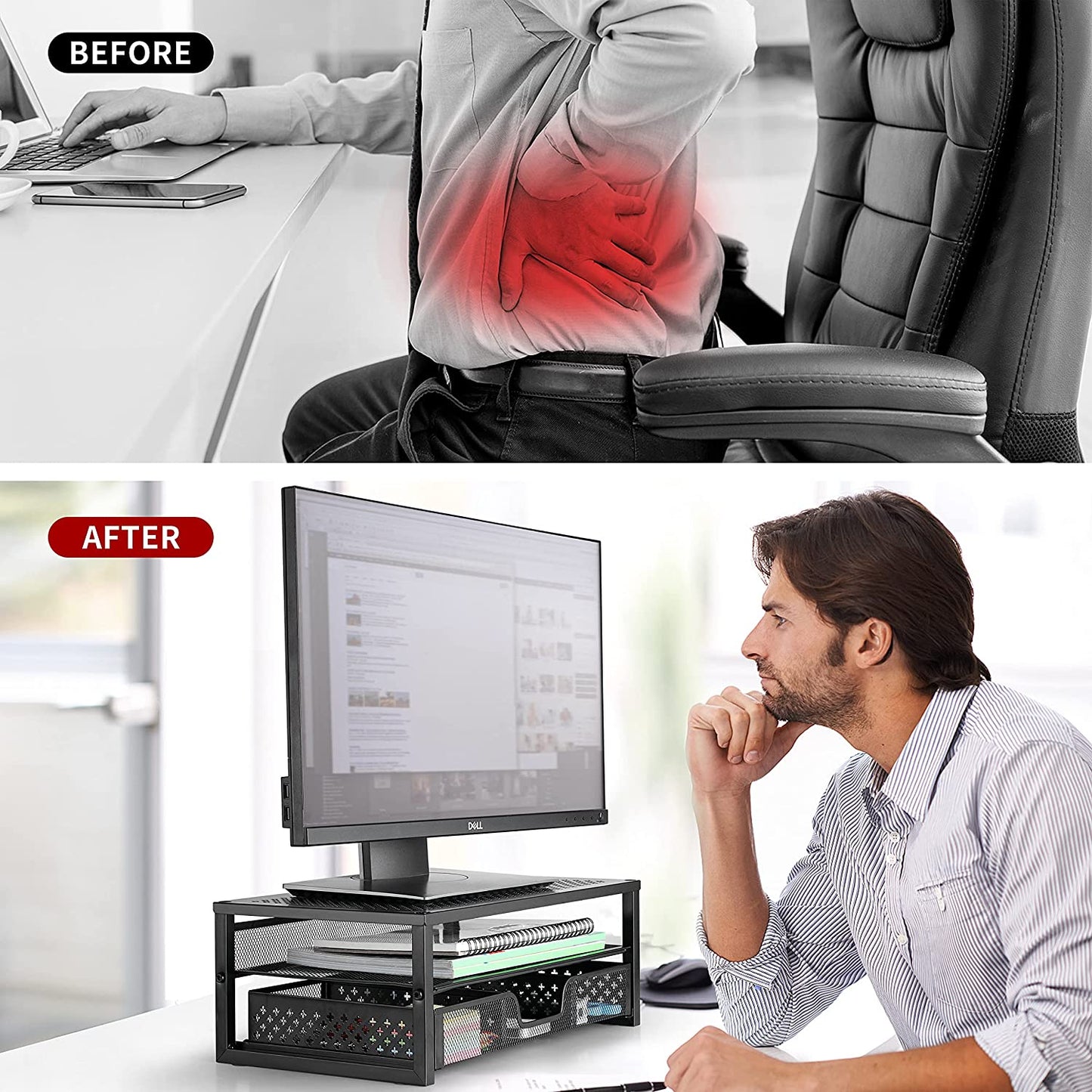 Metal Monitor Stand Riser with Integrated Desk Organizer and Drawer - Ideal for Laptops, Computers, iMacs - Black