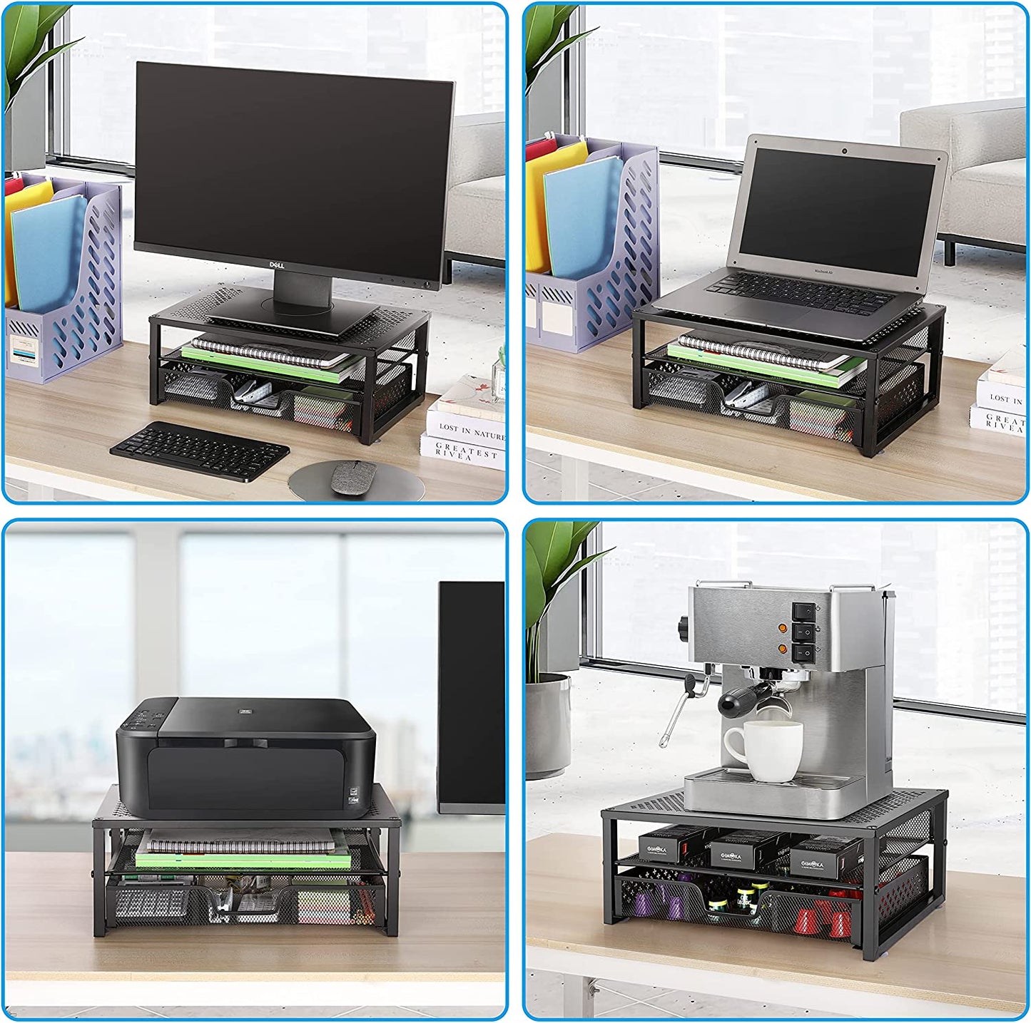 Metal Monitor Stand Riser with Integrated Desk Organizer and Drawer - Ideal for Laptops, Computers, iMacs - Black