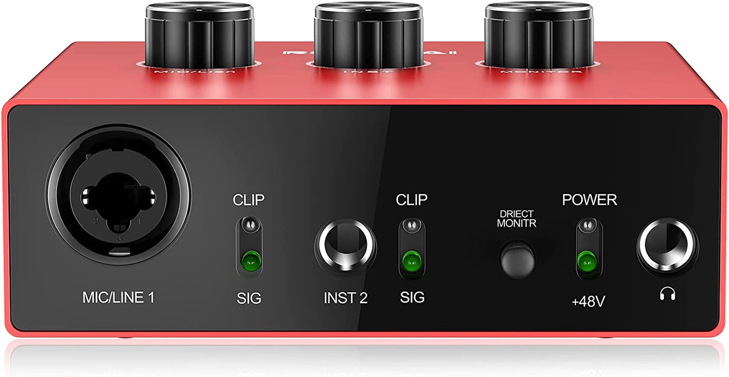 USB Audio Interface with XLR/TRS, 1/4", RCA, and USB Connectivity in Red