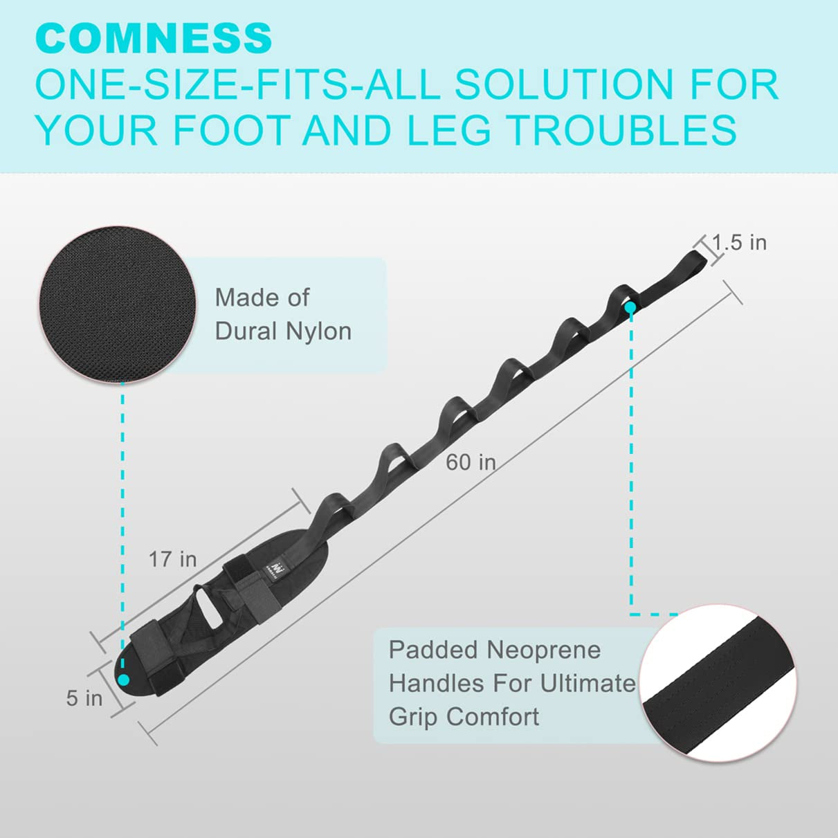Professional Foot and Calf Stretcher - Strap for Plantar Fasciitis, Heel Spurs, Foot Drop, Achilles Tendonitis & Hamstring. Yoga Foot & Leg Stretch Strap - Black