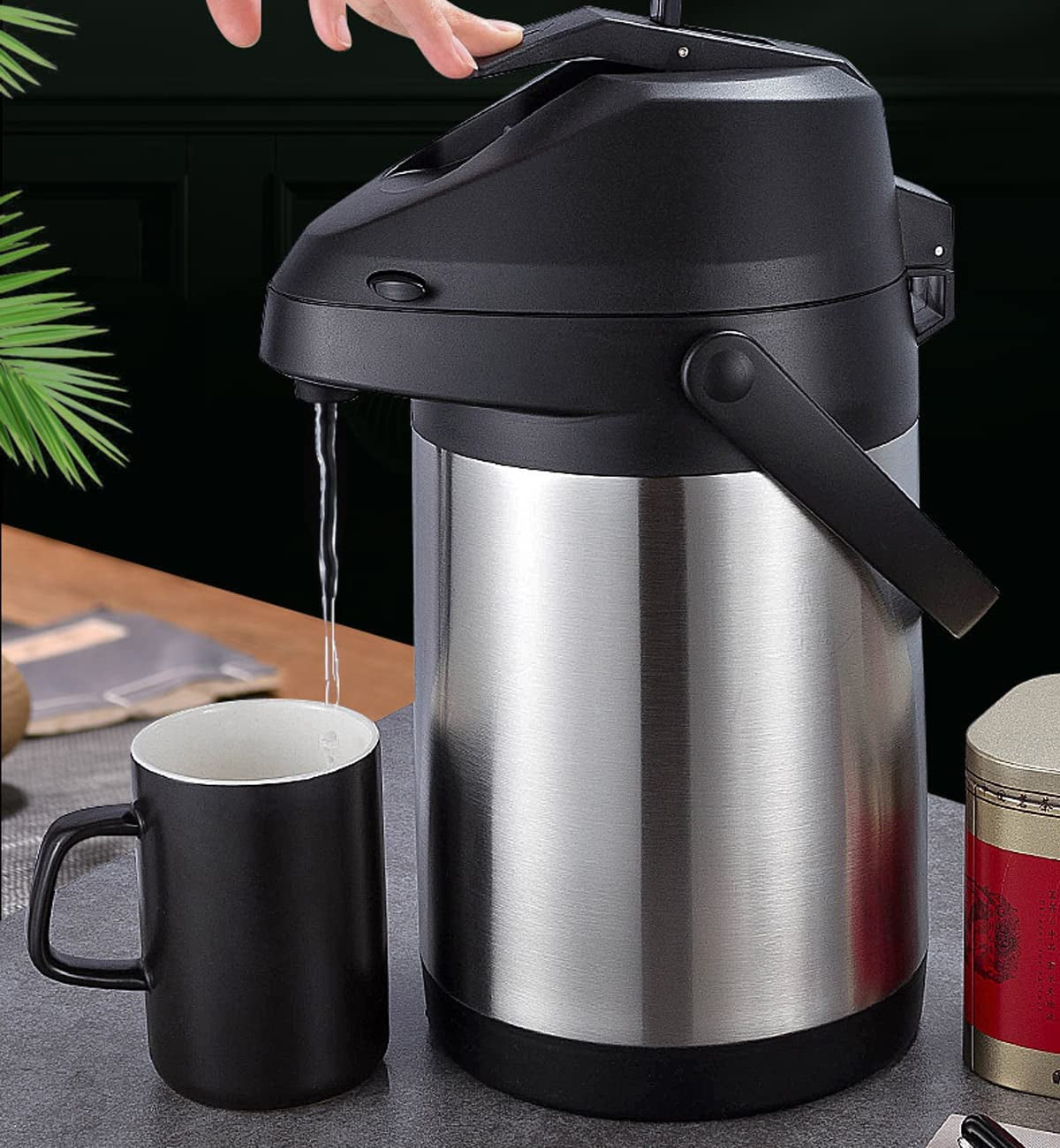 Commercial Grade 135 Oz & 4L Airpot Thermal Coffee Dispenser with Pump, Double Walled Insulated Stainless Steel Beverage Thermos, Lever Action for Hot or Cold Water, Airpot Coffee Carafe for Maintaining Optimal Temperature