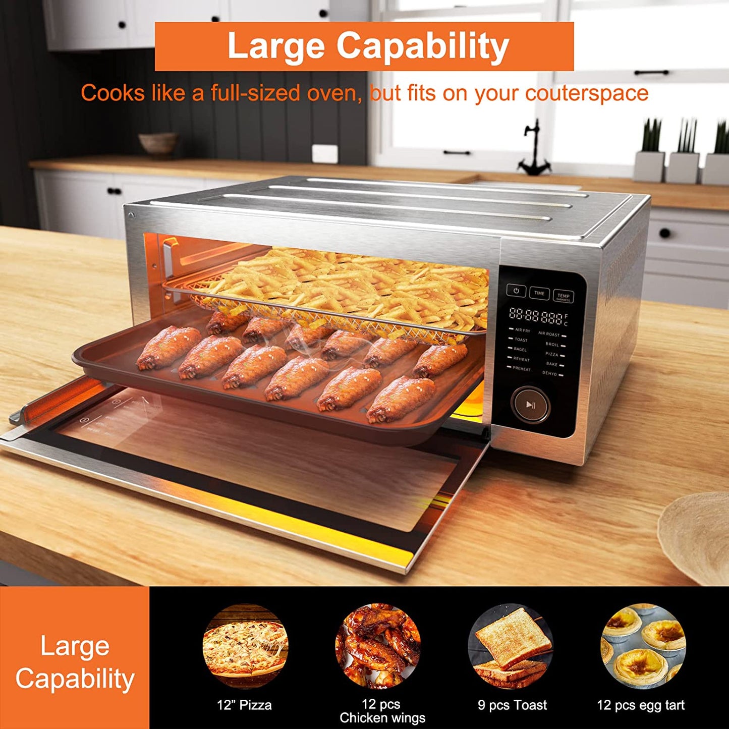 10-In-1 Countertop Convection Oven - Air Fryer Toaster Oven Combo with 1800W Power, Convenient Flip up & Away Design for Space Saving, Oil-Less Cooking, Fits 12" Pizza, Toasts 9 Slices, and Includes 5 Essential Accessories