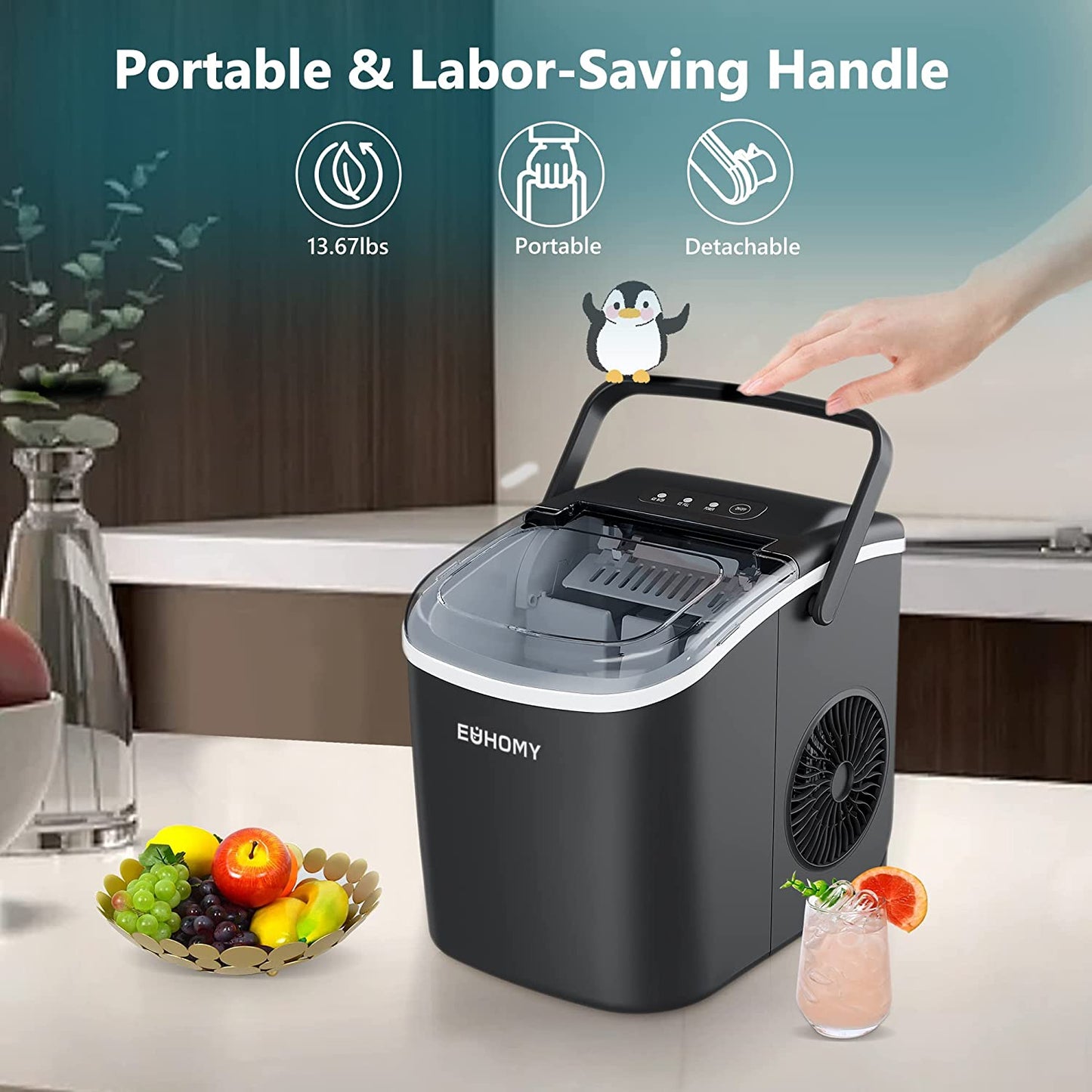 Portable Countertop Ice Maker Machine - 26lbs in 24 Hours, 9 Ice Cubes Ready in 6 Minutes, with Handle, Auto-Cleaning, Includes Basket and Scoop - Ideal for Home, Kitchen, Camping, RV - Black