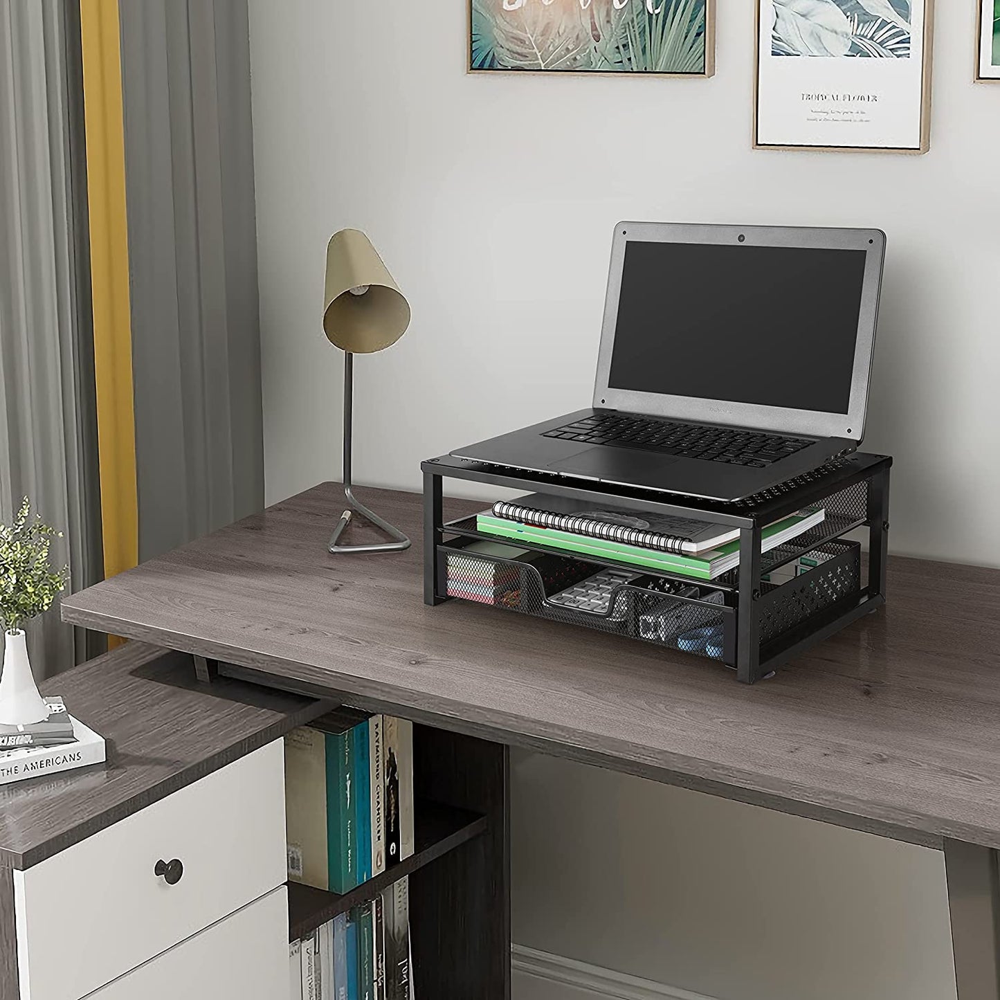 Metal Monitor Stand Riser with Integrated Desk Organizer and Drawer - Ideal for Laptops, Computers, iMacs - Black