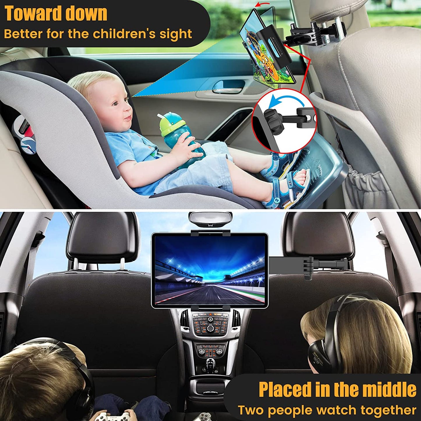 Car Tablet Holder - Universal Back Seat Mount for 5.5-11 Inch Screens - 360° Rotating Headrest Tablet Holder - Road Trip Essentials for Kids - Black