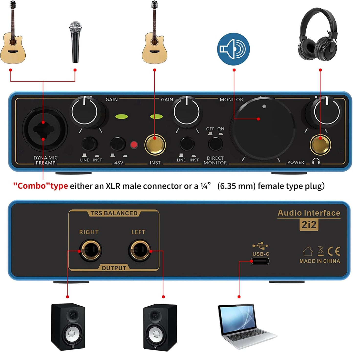 High-Fidelity USB Audio Interface with XRL Inputs, Ideal for Musicians, Podcasters, and Producers - Studio-Quality Recording with 24-Bit/192 kHz Resolution, Compatible with PC, Windows, and Mac