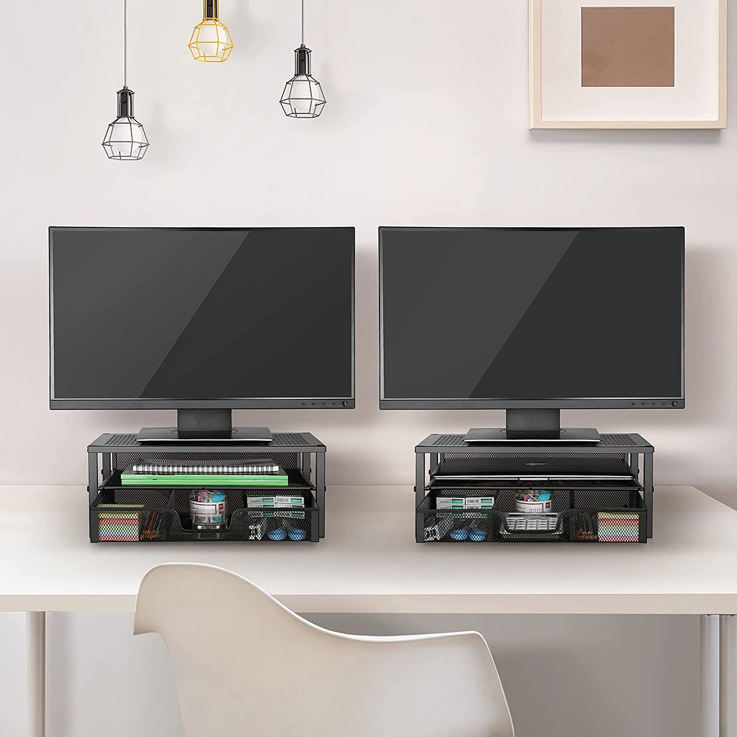 Metal Monitor Stand Riser with Integrated Desk Organizer and Drawer - Ideal for Laptops, Computers, iMacs - Black