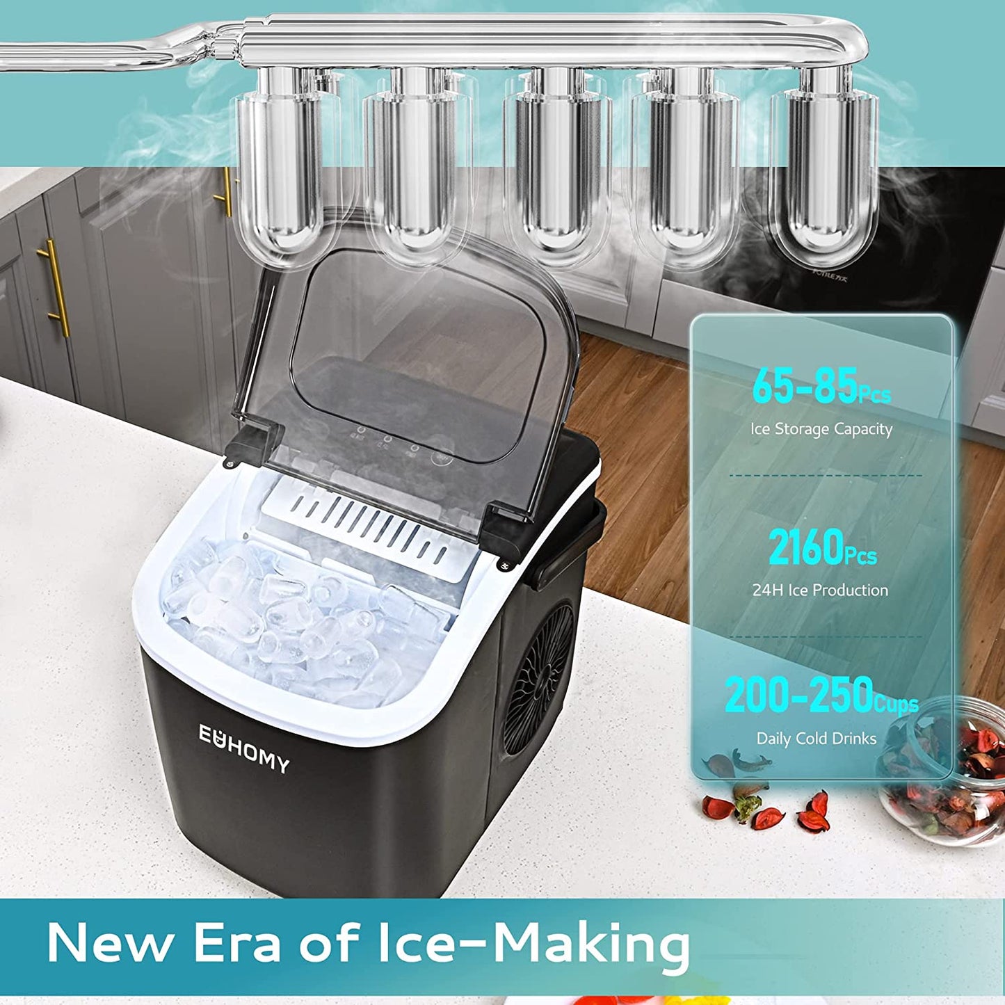 Portable Countertop Ice Maker Machine - 26lbs in 24 Hours, 9 Ice Cubes Ready in 6 Minutes, with Handle, Auto-Cleaning, Includes Basket and Scoop - Ideal for Home, Kitchen, Camping, RV - Black