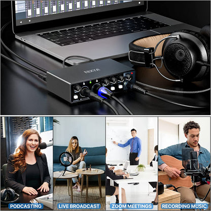 Professional-Grade 2X2 USB Audio Interface for High-Fidelity Recording, Streaming, and Podcasting, 24Bit/196Khz Studio-Quality Audio Interface Suitable for Guitarists, Vocalists, Podcasters, and Producers