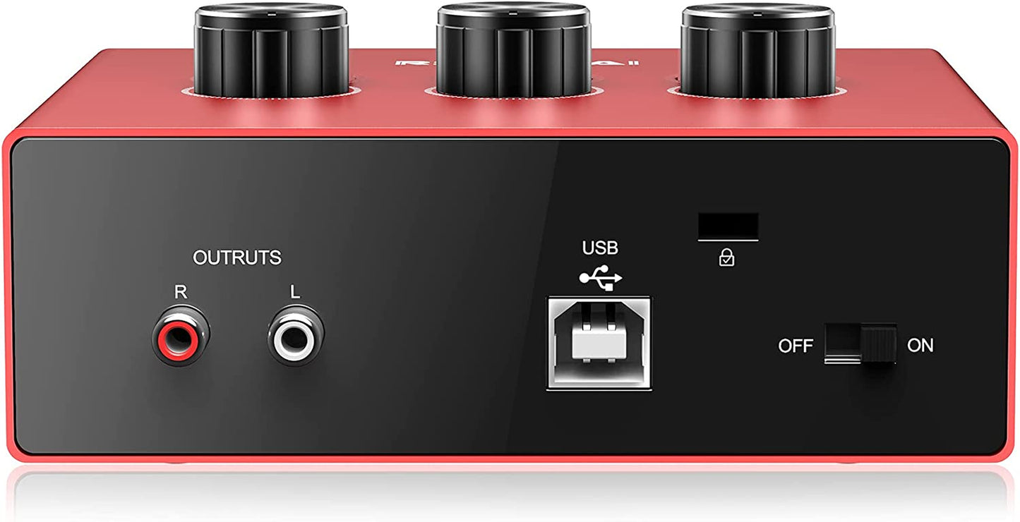 USB Audio Interface with XLR/TRS, 1/4", RCA, and USB Connectivity in Red
