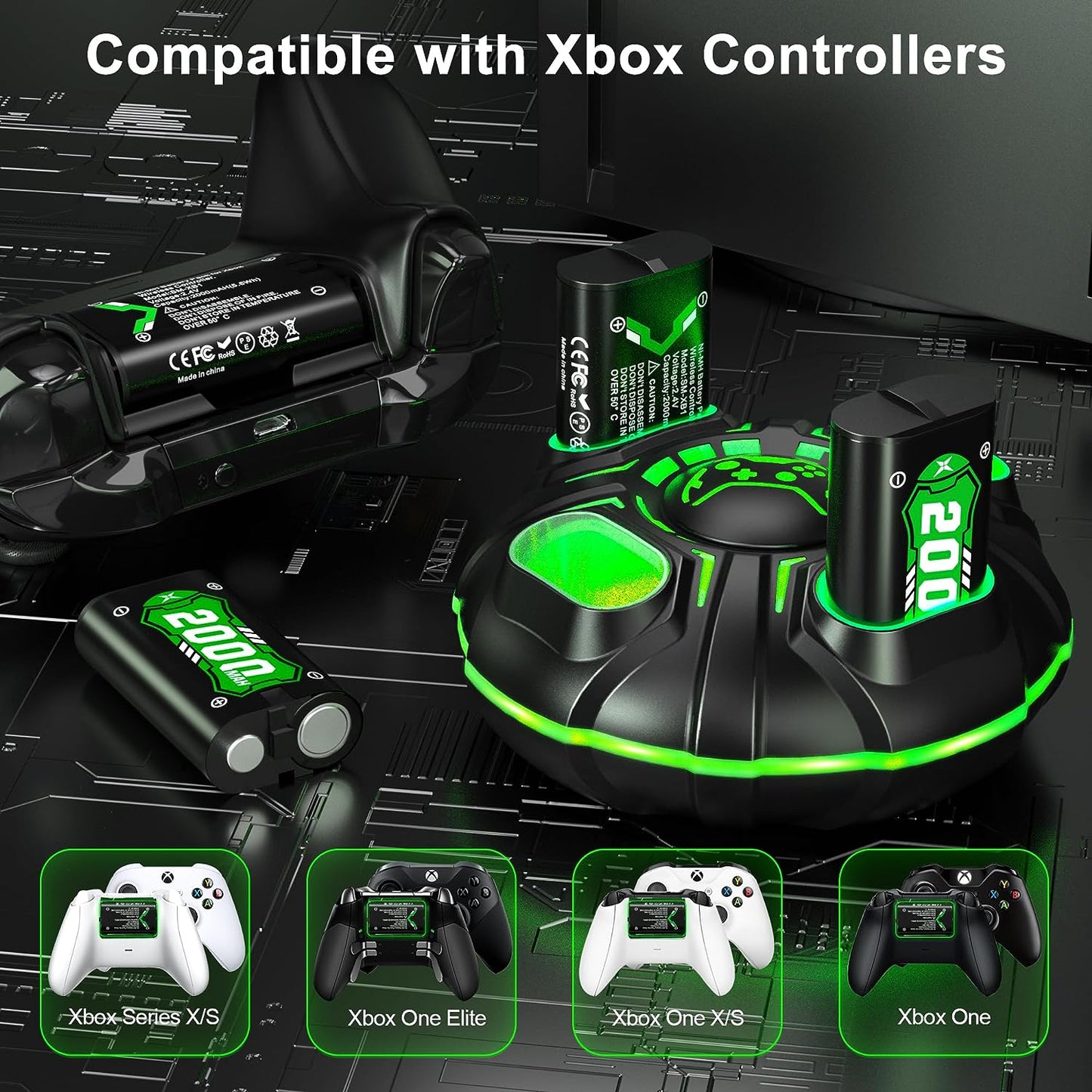 4 x 2000mAh Rechargeable Battery Pack with Charger for Xbox Controller for Xbox One/Xbox Series X|S Xbox One S/Xbox One Elite"