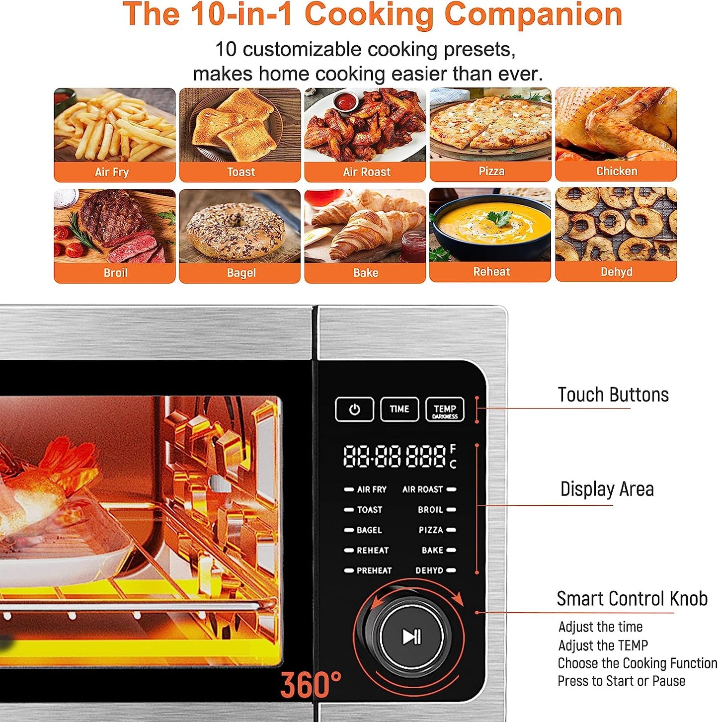 10-In-1 Countertop Convection Oven - Air Fryer Toaster Oven Combo with 1800W Power, Convenient Flip up & Away Design for Space Saving, Oil-Less Cooking, Fits 12" Pizza, Toasts 9 Slices, and Includes 5 Essential Accessories