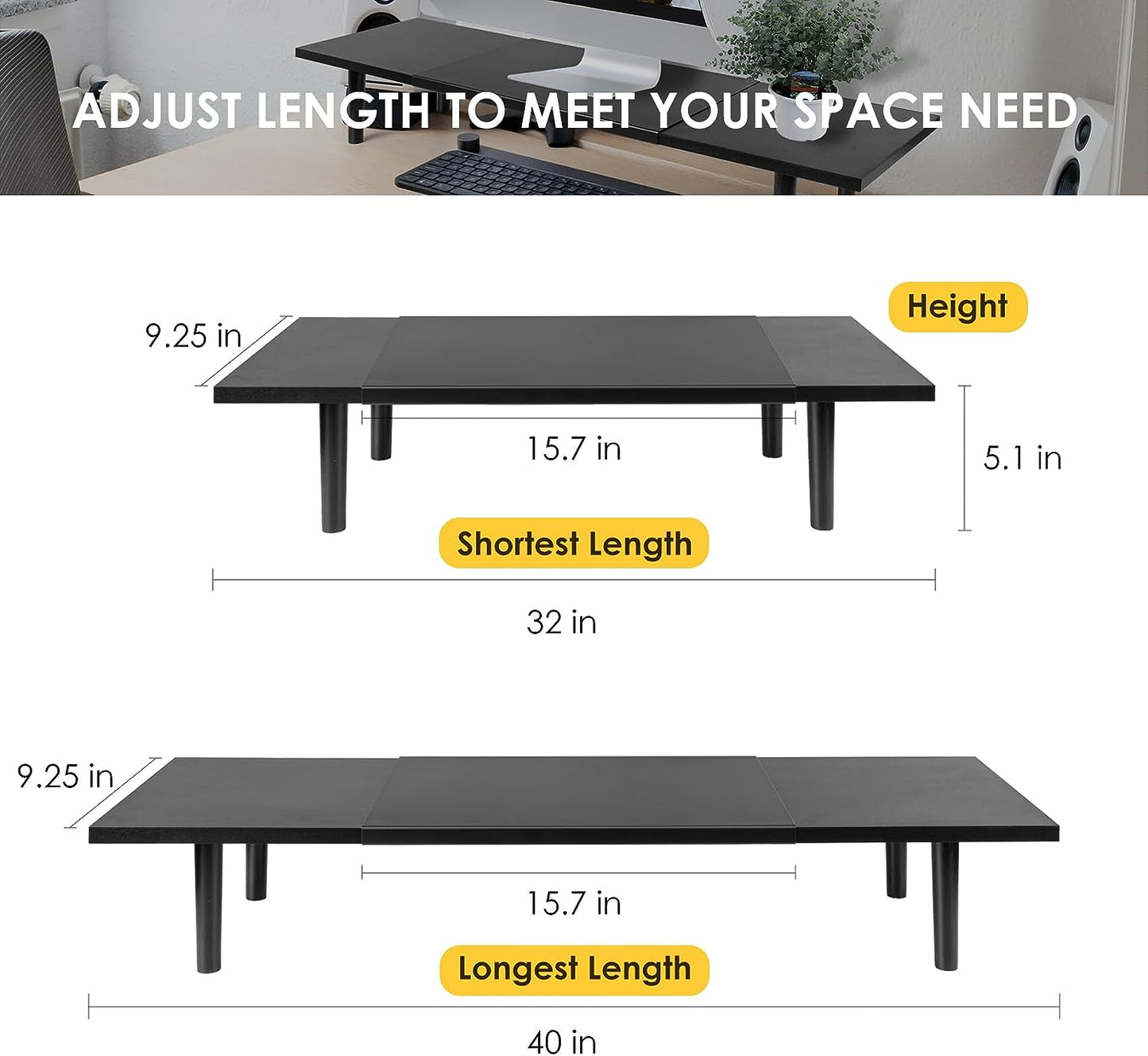 Adjustable Dual Monitor Stand Riser for Desk, Large Size, 32-40 Inch Screens, Desktop Organizer Shelf Stand for Computer, Laptop, PC, Tv