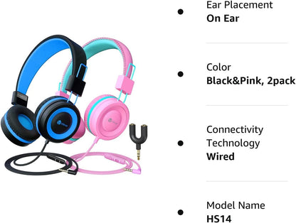 (2-Pack) Kids Headphones with Microphone, Safe Volume Limit of 85Db/94Db, Includes Sharing Splitter, Foldable Design for Travel, and iPad - Black & Pink 