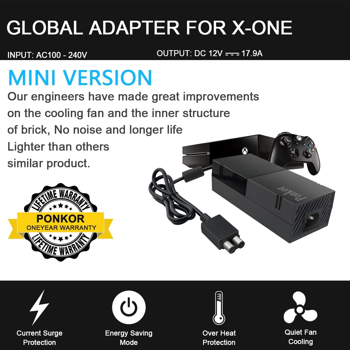 Xbox One Power Supply: High-Quality AC Cord Replacement Power Brick Adapter, Universal 100-240V Voltage Compatibility
