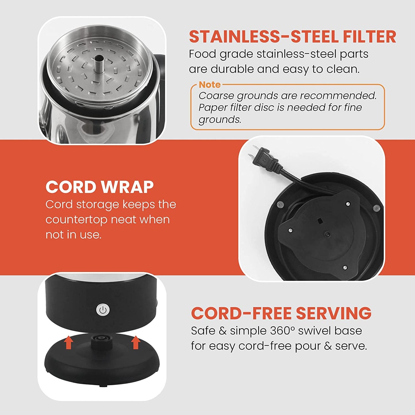 Professional Stainless Steel Electric Coffee Percolator with Keep Warm Feature, Clear Brew Progress Knob, Cool-Touch Handle, Cordless Serve - 12 Cups