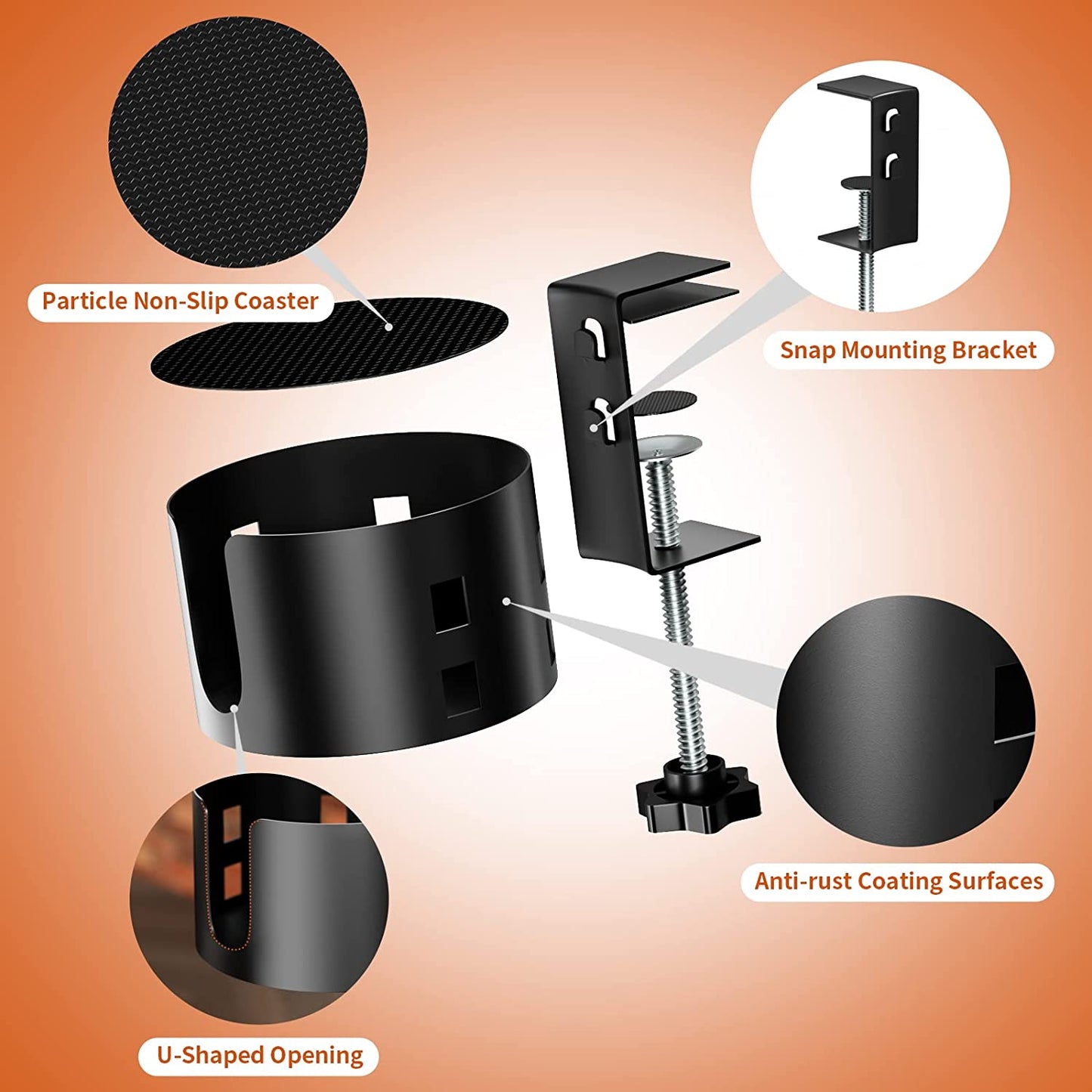 Enhanced Clamp-On Cup Holder for Large Desks, Spill-Proof Table Cup Holder, Premium Metal Gaming Desk Accessories for Cups, Bottles