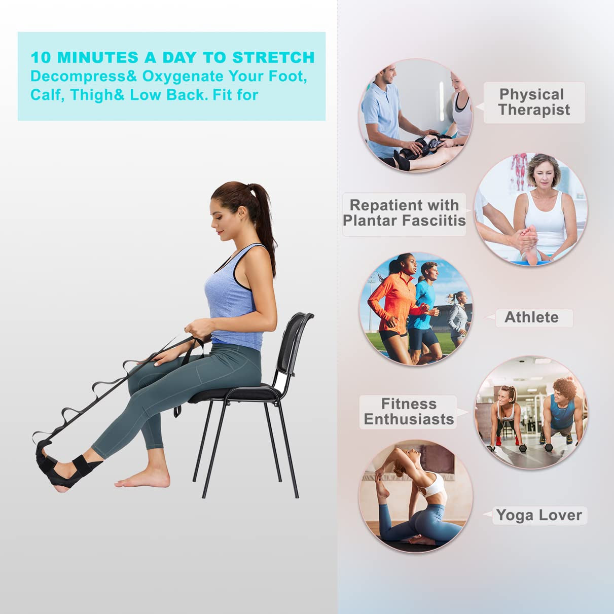 Professional Foot and Calf Stretcher - Strap for Plantar Fasciitis, Heel Spurs, Foot Drop, Achilles Tendonitis & Hamstring. Yoga Foot & Leg Stretch Strap - Black