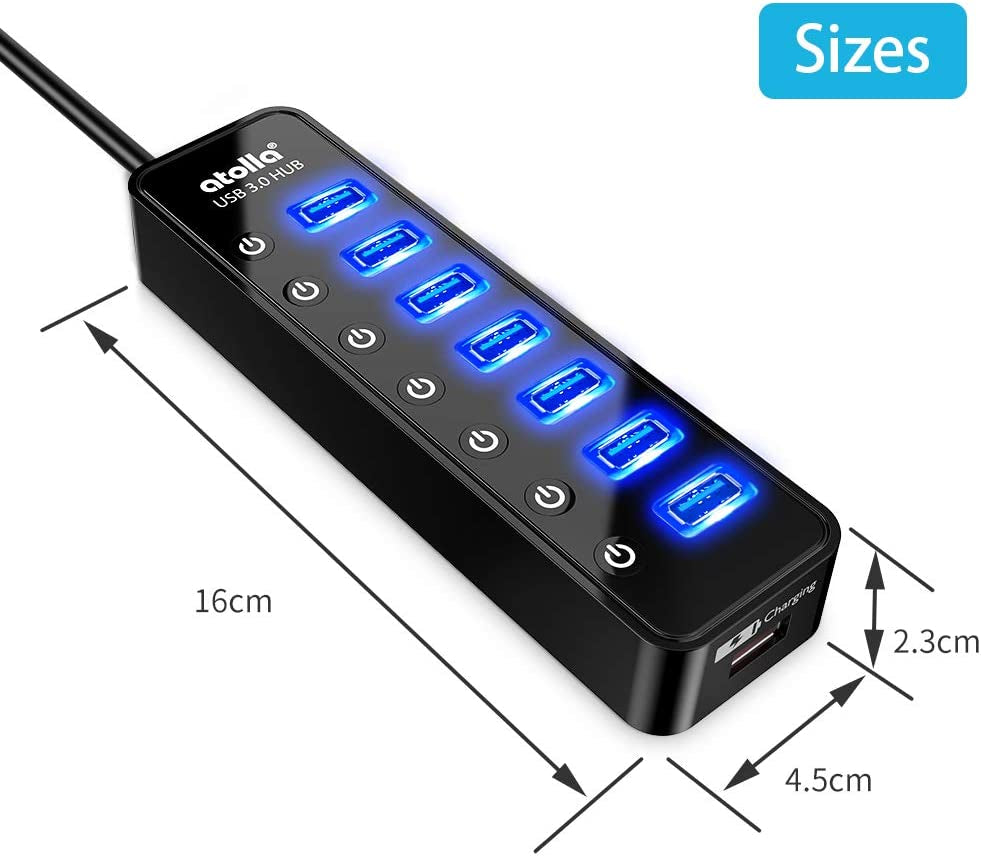 7-Port Powered USB Hub 3.0 with Smart Charging Port, Individual Switches, and 5V/4A Power Adapter - USB Data Hub Extension for Macbook, Mac Pro/Mini, and More