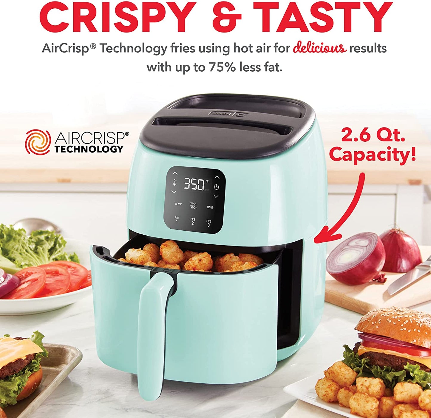 Air Fryer with Aircrisp Technology and Customized Cooking Options, Temperature Control, Auto Shut-off, 2.6 Quart Capacity - Aqua