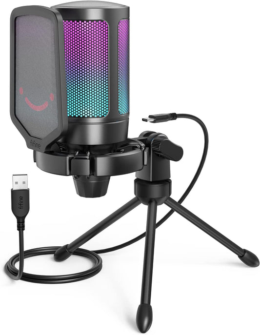 Gaming USB Microphone for PC PS5 - Condenser Mic with Quick Mute, RGB Indicator, Tripod Stand, Pop Filter, Shock Mount, Gain Control - Ideal for Streaming, Discord, Twitch, Podcasts, and Videos