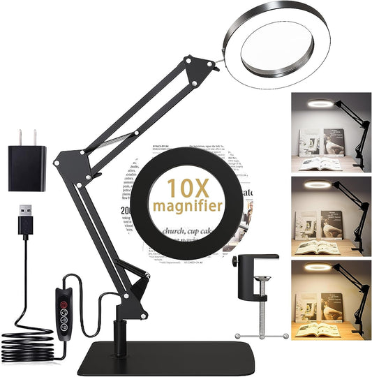 10X Magnifying Glass with Adjustable Light & Stand, Dual-Function Desk Lamp & Clamp for Enhanced Visibility, LED Lighted Magnifier, 3 Color Modes 