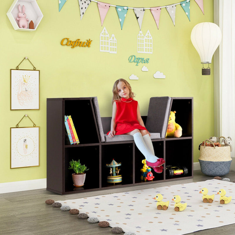 Children's Bookcase with Cushioned Reading Nook and 6 Cubbies for Storage