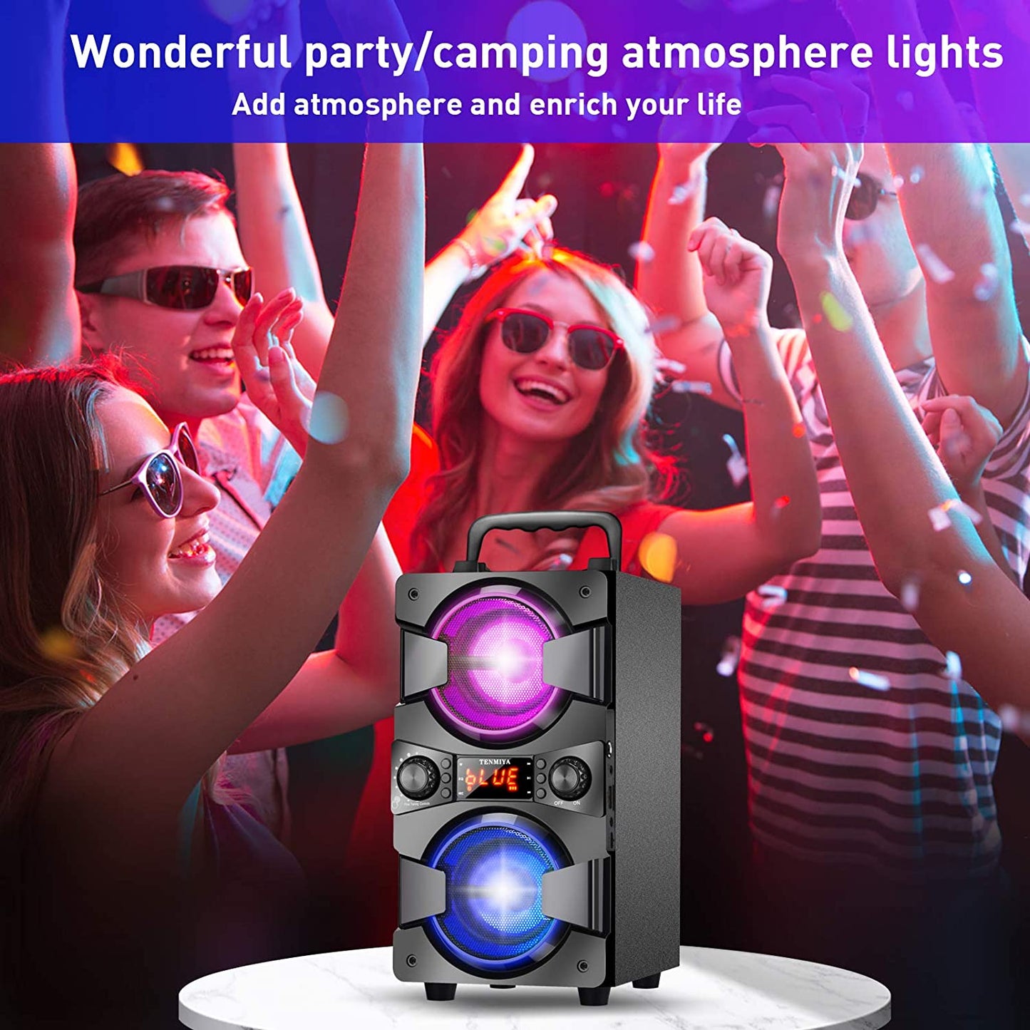 High-Quality 60W Portable Bluetooth Speaker with Dual Subwoofer for Enhanced Bass, FM Radio, Built-in Microphone, LED Lights, Remote Control, EQ, and Immersive Stereo Sound System - Perfect for Home, Outdoor Parties, and Camping (Includes 1 Microphone)