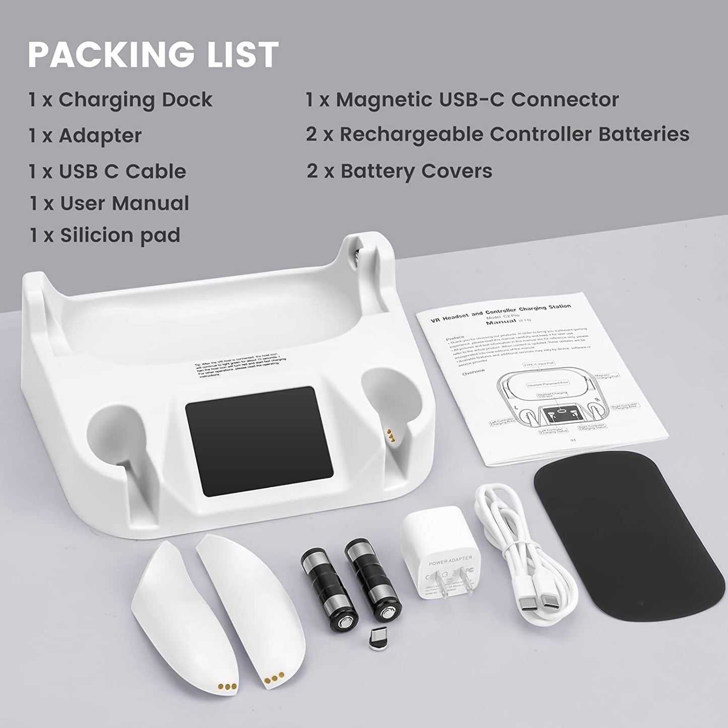 VR Charging Dock for Oculus Quest 2: Charging Station with Rechargeable Batteries, USB-C Charger, and Elite Strap Compatibility