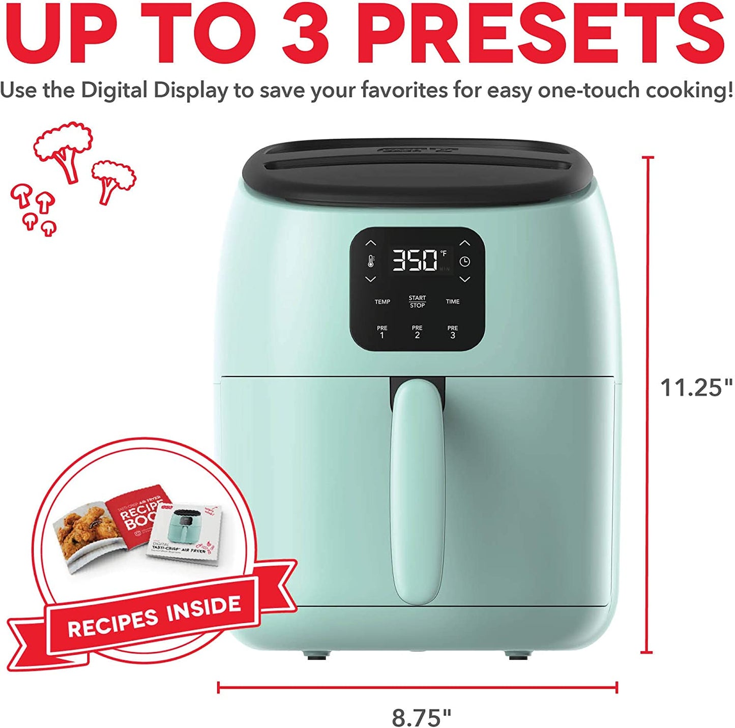 Air Fryer with Aircrisp Technology and Customized Cooking Options, Temperature Control, Auto Shut-off, 2.6 Quart Capacity - Aqua