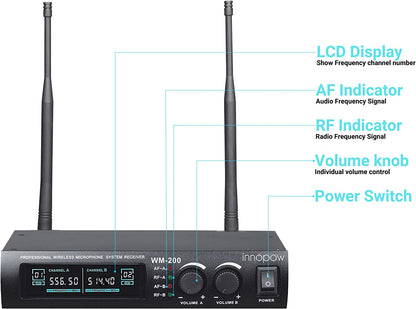 Professional Dual UHF Wireless Microphone System with Long Distance Range, 150-200Ft, 16 Hours Continuous Use, Fixed Frequency, Ideal for Karaoke Singing, Family Parties, and Church Events 