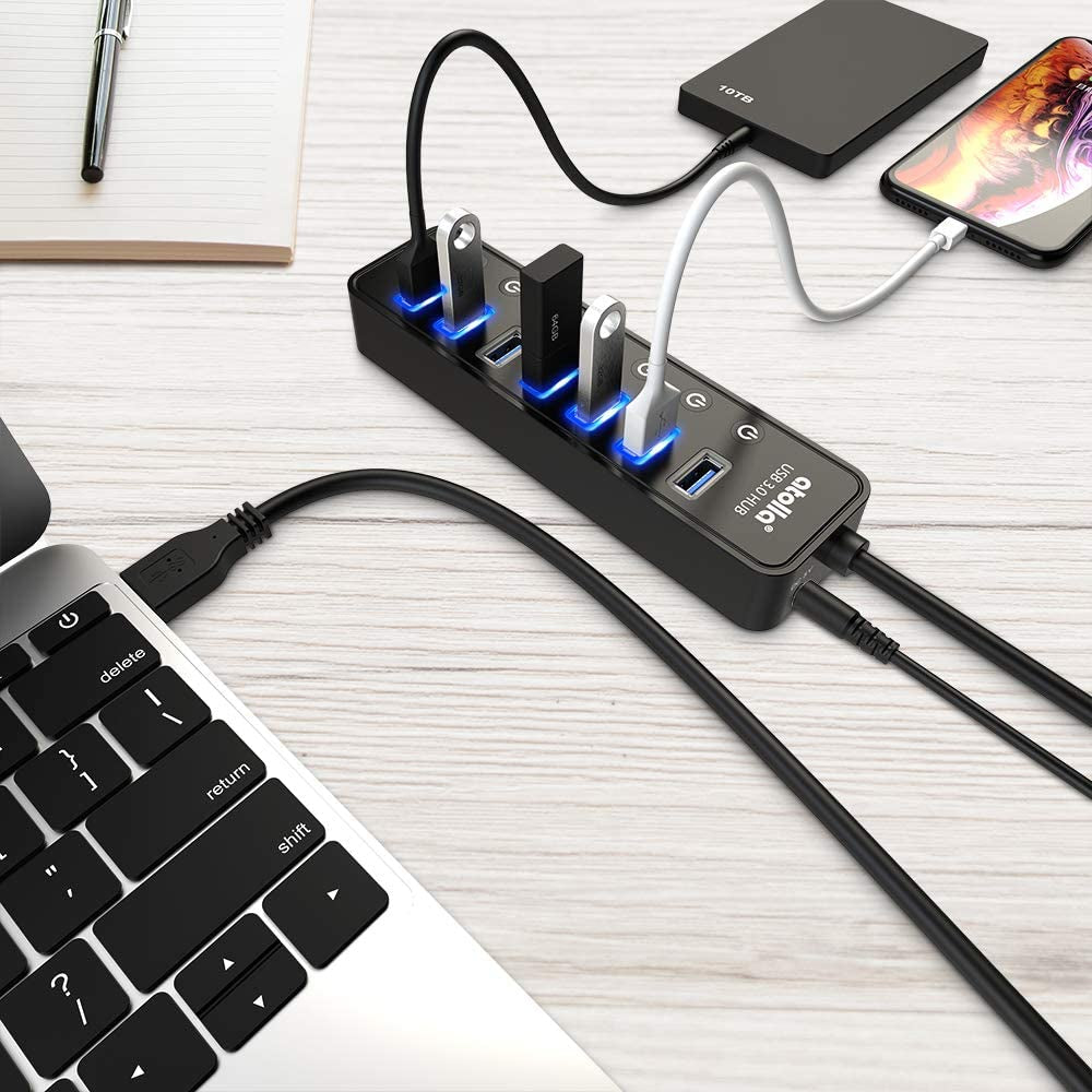 7-Port Powered USB Hub 3.0 with Smart Charging Port, Individual Switches, and 5V/4A Power Adapter - USB Data Hub Extension for Macbook, Mac Pro/Mini, and More