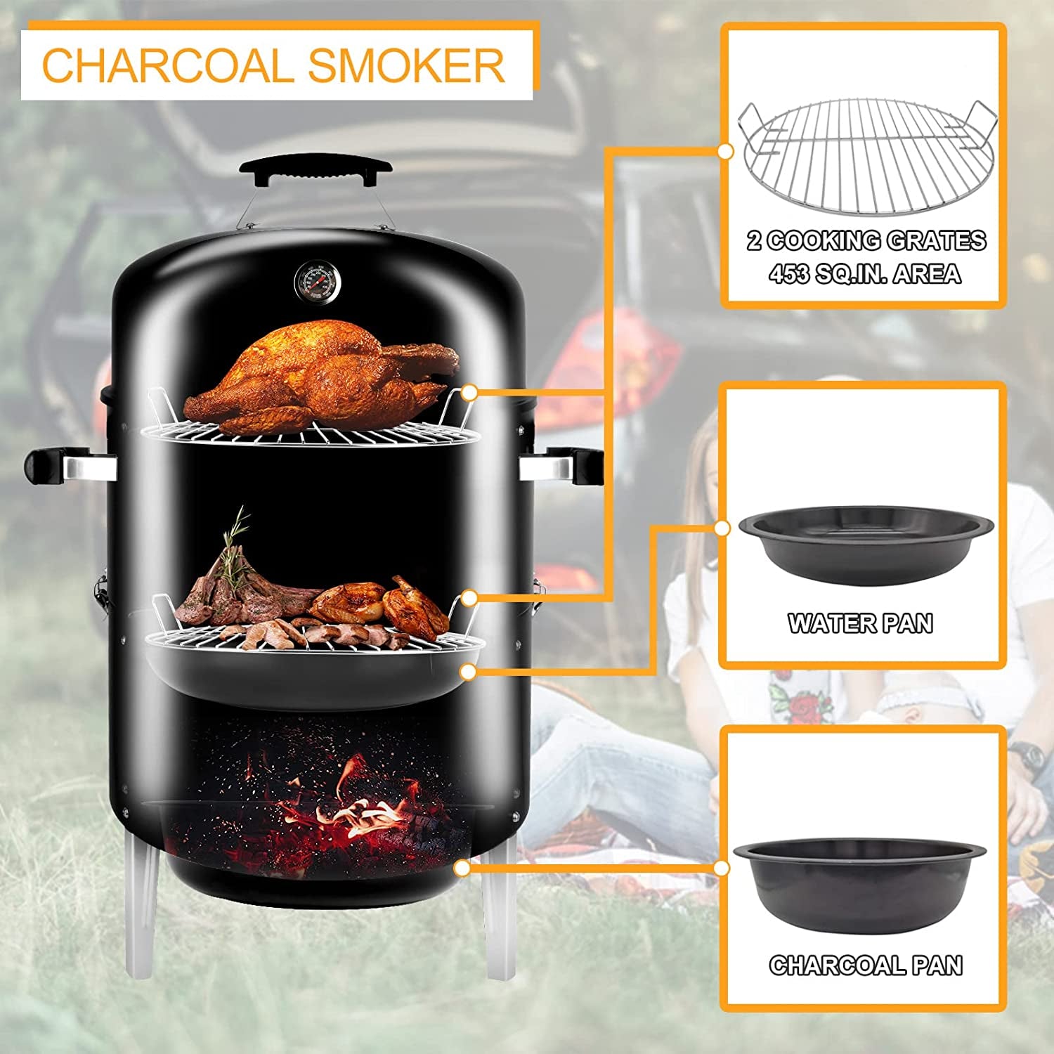 Portable Charcoal BBQ Grill with Smoker Combo: Ideal for Outdoor Cooking, Backyard Patio Barbecues, Camping, and Outdoor Smoking