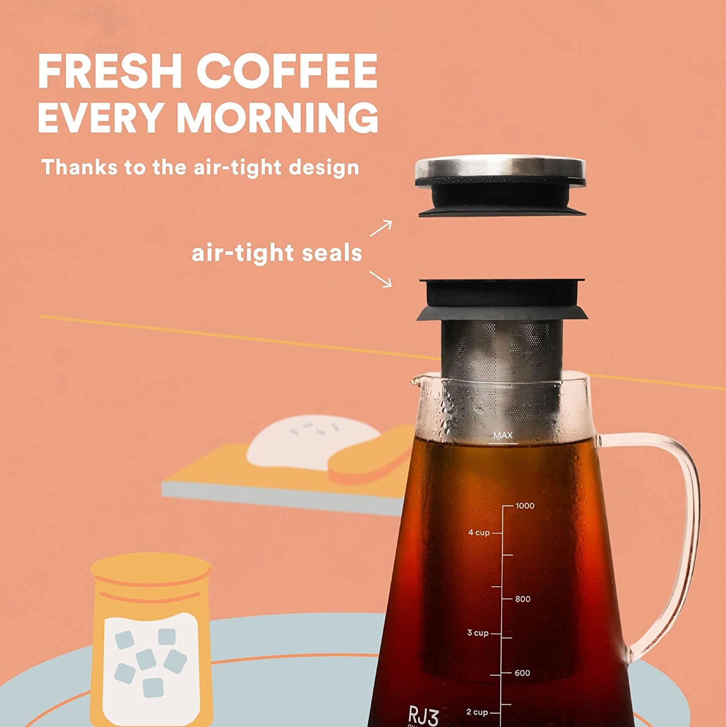 Premium 1.5L/ 51Oz Airtight Cold Brew Coffee and Tea Maker with Spout - Brewing Glass Carafe featuring Removable Stainless Steel Filter