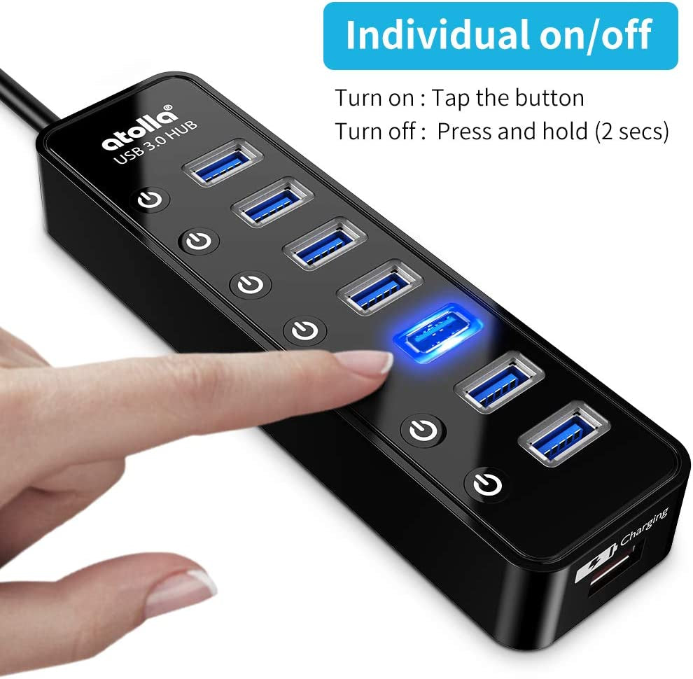 7-Port Powered USB Hub 3.0 with Smart Charging Port, Individual Switches, and 5V/4A Power Adapter - USB Data Hub Extension for Macbook, Mac Pro/Mini, and More