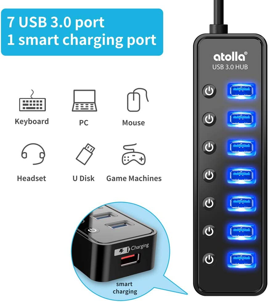 7-Port Powered USB Hub 3.0 with Smart Charging Port, Individual Switches, and 5V/4A Power Adapter - USB Data Hub Extension for Macbook, Mac Pro/Mini, and More