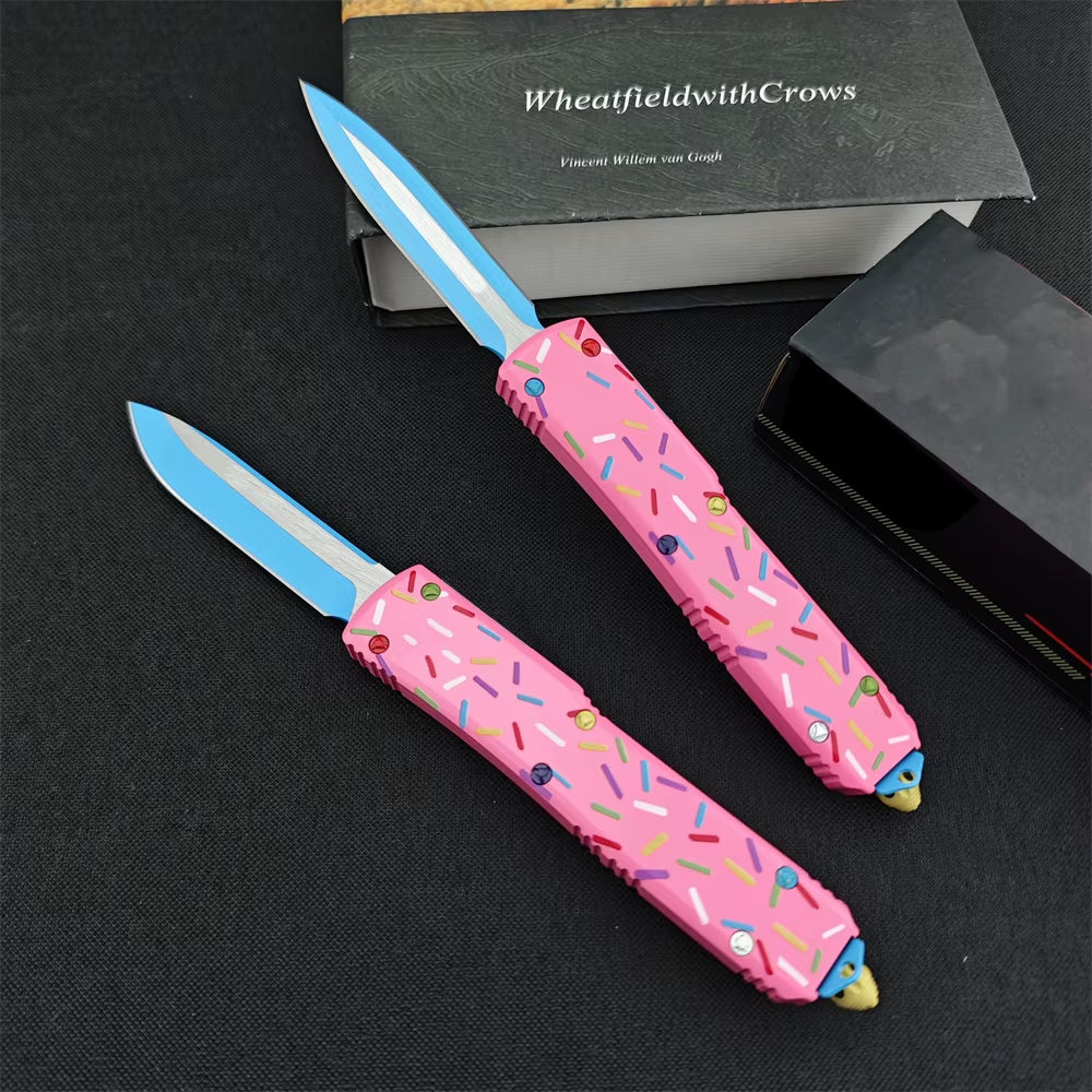 Outdoor Tactical Folding Knife with 3.46-Inch D2 Blade and T6 Aluminum Pink Donut Handle - Deep Pocket Clip EDC Tool for Camping, Hiking, and Hunting
