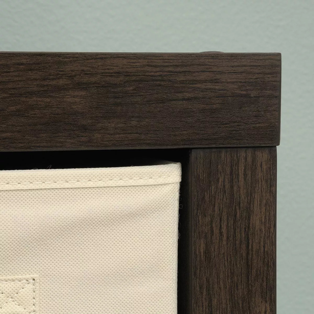 Stow Away 4-Cube Organizer in Smoked Oak - Modern Bookshelf with Fixed Shelves and Fabric Bins