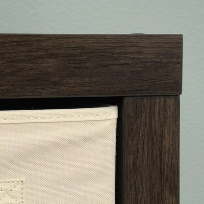 Stow Away 4-Cube Organizer in Smoked Oak - Modern Bookshelf with Fixed Shelves and Fabric Bins