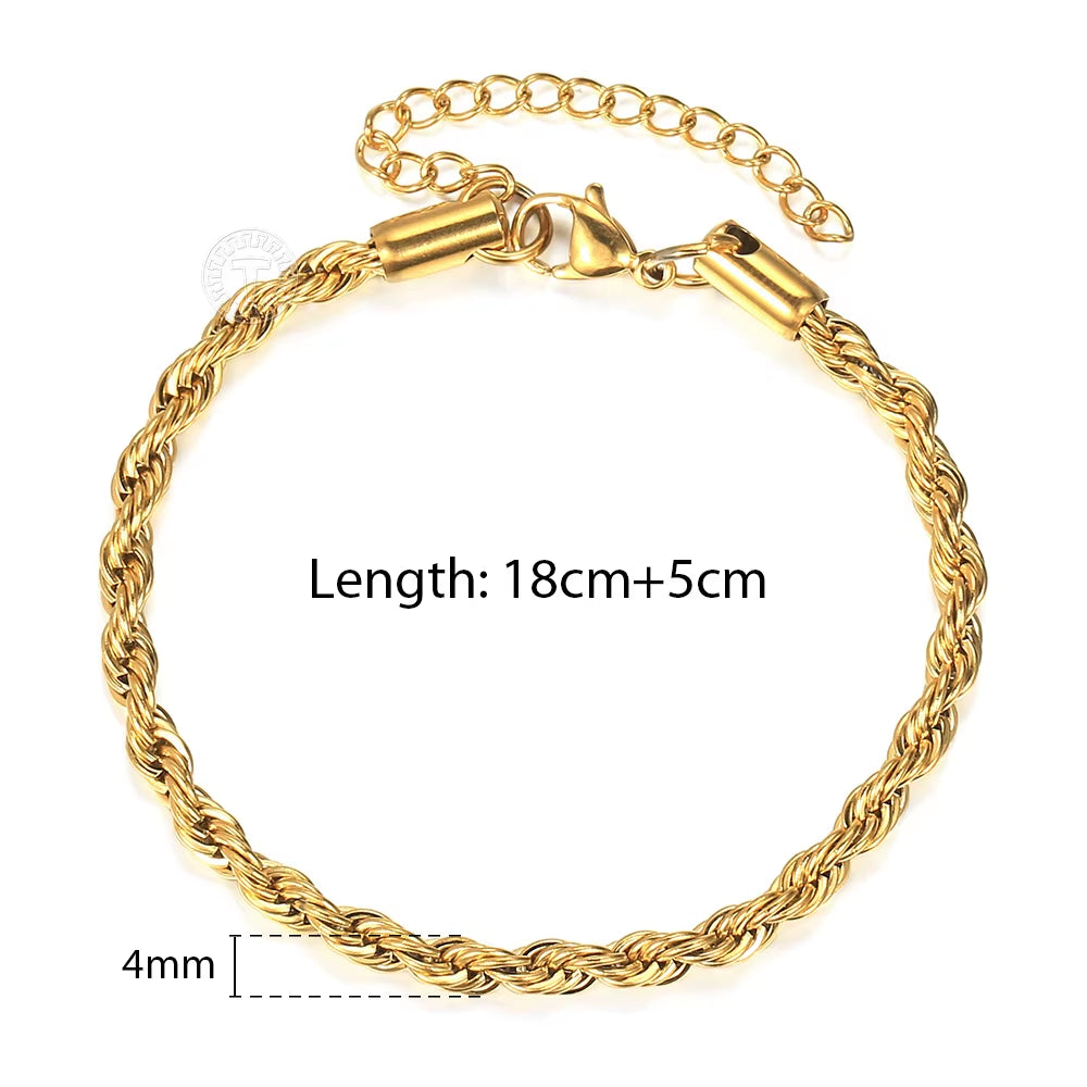 2/3/4/5Mm Stainless Steel Twisted Rope Chain Bracelets for Women Men Fashion Punk Bangle Length Adjustable 18Cm+5Cm