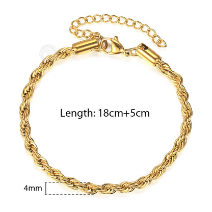 2/3/4/5Mm Stainless Steel Twisted Rope Chain Bracelets for Women Men Fashion Punk Bangle Length Adjustable 18Cm+5Cm