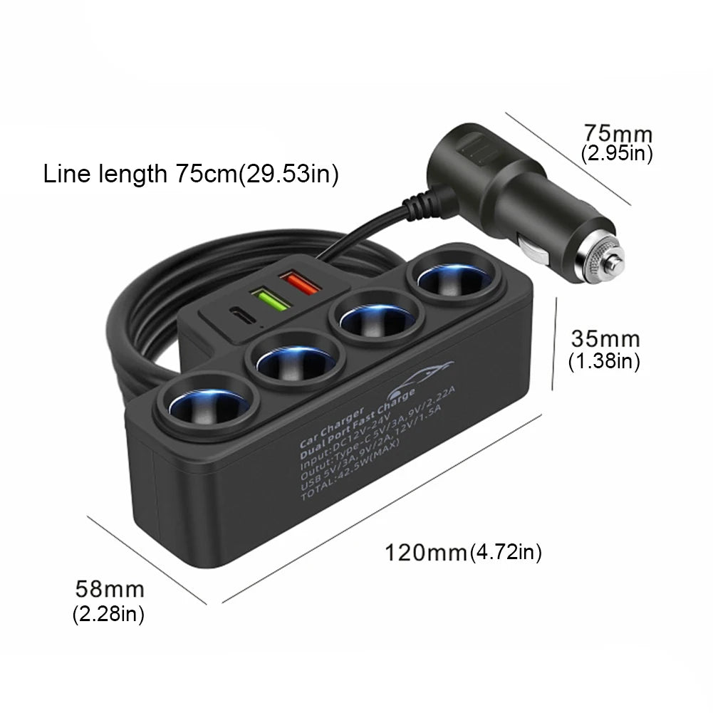 High-Performance 120W Car Cigarette Lighter Socket Splitter with QC3.0 and PD Technology, Featuring 4 Sockets and 3 USB Charging Ports