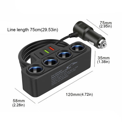 High-Performance 120W Car Cigarette Lighter Socket Splitter with QC3.0 and PD Technology, Featuring 4 Sockets and 3 USB Charging Ports