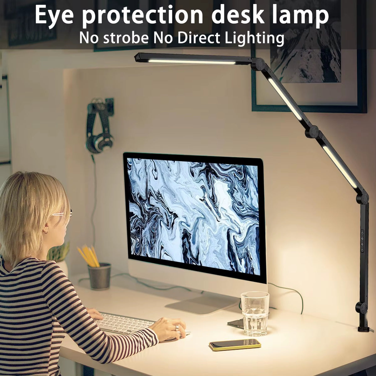 LED Desk Lamp with Clamp Flexible 4 Sections Swing Arm Three Light Sources Desk Light, 4 Color Modes & 5 Brightness