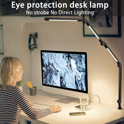 LED Desk Lamp with Clamp Flexible 4 Sections Swing Arm Three Light Sources Desk Light, 4 Color Modes & 5 Brightness