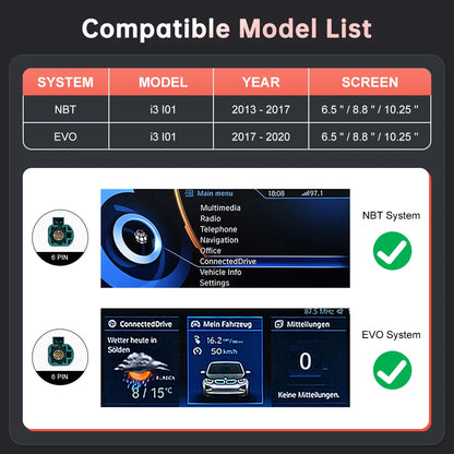 Wireless CarPlay and Android Auto Integration for BMW i3 I01 NBT EVO System (2013-2020) with AirPlay, Rear Camera, and Bluetooth GPS Support