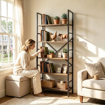 5 & 6 Tier Industrial Rustic Wood Bookcase with Black Metal Frame - Freestanding Multipurpose Storage Organizer for Bedroom, Living Room, Office, Kitchen, and Plant Decor